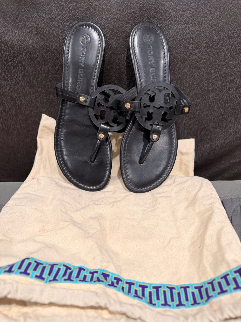 Tory Burch Classic Miller Leather Logo Thong Sandals Black Size 10.5M